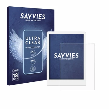 Parte frontale di una confezione del prodotto con il logo del marchio Savvies. Accanto è raffigurato il dispositivo Meebook M8