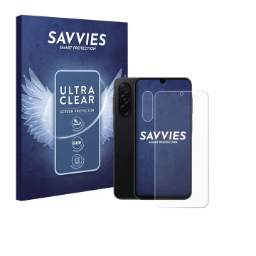 Parte frontale di una confezione del prodotto con il logo del marchio Savvies. Accanto è raffigurato il dispositivo Samsung Ga