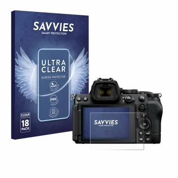 Parte frontale di una confezione del prodotto con il logo del marchio Savvies. Accanto è raffigurato il dispositivo Nikon Z5 I