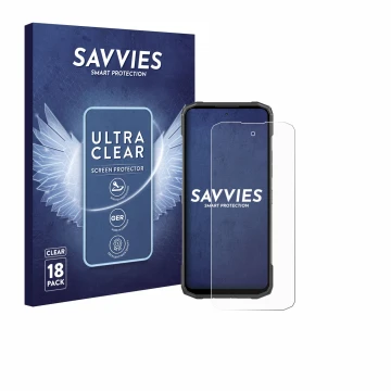 Parte frontale di una confezione del prodotto con il logo del marchio Savvies. Accanto è raffigurato il dispositivo Doogee Bla