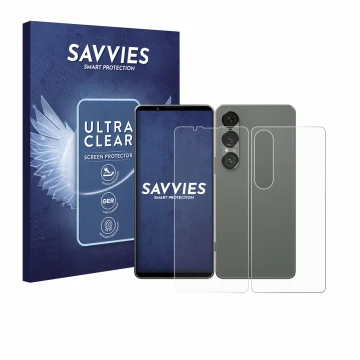 Parte frontale di una confezione del prodotto con il logo del marchio Savvies. Accanto è raffigurato il dispositivo Sony Xperi