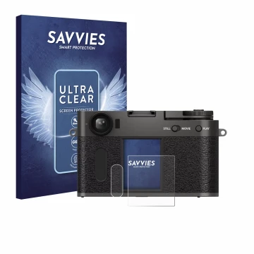 Parte frontale di una confezione del prodotto con il logo del marchio Savvies. Accanto è raffigurato il dispositivo Fujifilm X