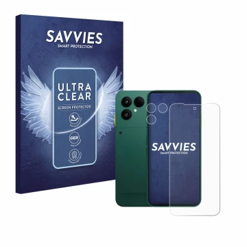 Parte frontale di una confezione del prodotto con il logo del marchio Savvies. Accanto è raffigurato il dispositivo Fairphone 
