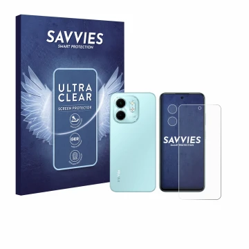 Parte frontale di una confezione del prodotto con il logo del marchio Savvies. Accanto è raffigurato il dispositivo Infinix Sm