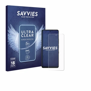 Parte frontale di una confezione del prodotto con il logo del marchio Savvies. Accanto è raffigurato il dispositivo TCL 50 Pro