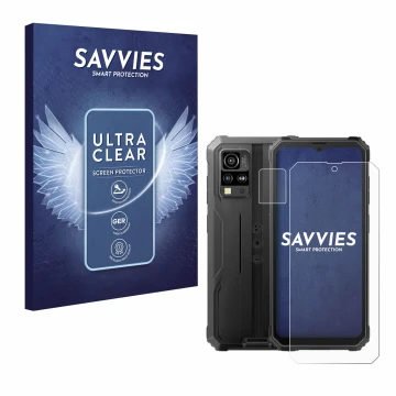 Parte frontale di una confezione del prodotto con il logo del marchio Savvies. Accanto è raffigurato il dispositivo Blackview 