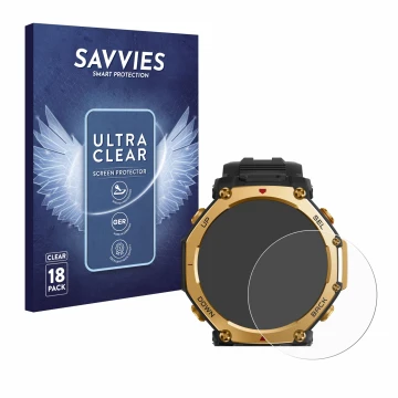 Parte frontale di una confezione del prodotto con il logo del marchio Savvies. Accanto è raffigurato il dispositivo Huami Amaz