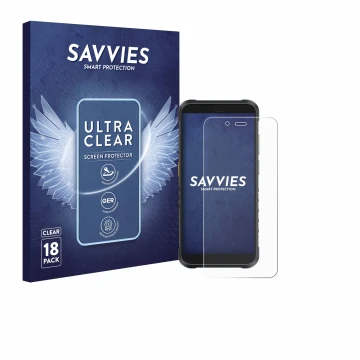 Parte frontale di una confezione del prodotto con il logo del marchio Savvies. Accanto è raffigurato il dispositivo Ulefone Ru