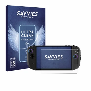 Parte frontale di una confezione del prodotto con il logo del marchio Savvies. Accanto è raffigurato il dispositivo Lenovo Leg