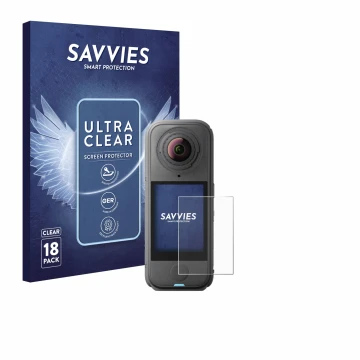 Parte frontale di una confezione del prodotto con il logo del marchio Savvies. Accanto è raffigurato il dispositivo Insta360 X