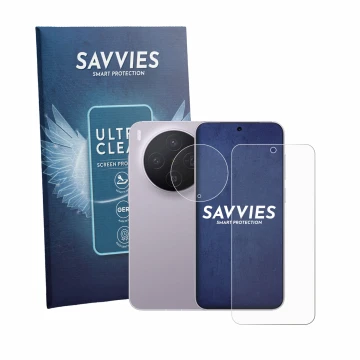 Parte frontale di una confezione del prodotto con il logo del marchio Savvies. Accanto è raffigurato il dispositivo Vivo X300 