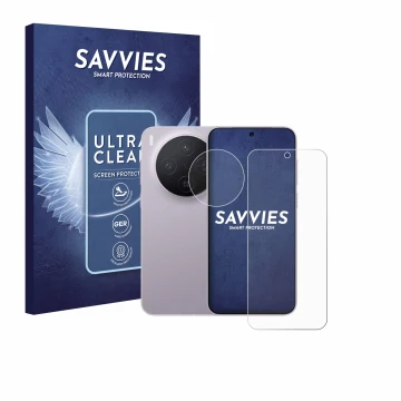 Parte frontale di una confezione del prodotto con il logo del marchio Savvies. Accanto è raffigurato il dispositivo Vivo X300 