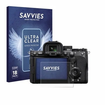 Parte frontale di una confezione del prodotto con il logo del marchio Savvies. Accanto è raffigurato il dispositivo Sony Alpha