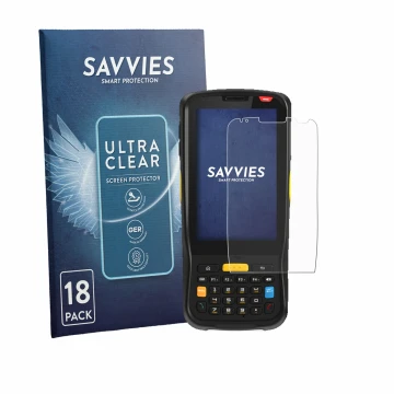 Parte frontale di una confezione del prodotto con il logo del marchio Savvies. Accanto è raffigurato il dispositivo Newland MT