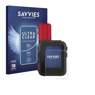 Parte frontale di una confezione del prodotto con il logo del marchio Savvies. Accanto è raffigurato il dispositivo Garmin inR