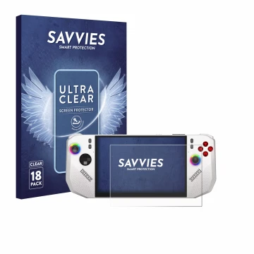 Parte frontale di una confezione del prodotto con il logo del marchio Savvies. Accanto è raffigurato il dispositivo MSI Claw A