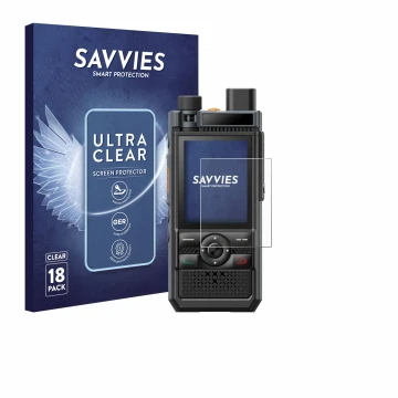 Parte frontale di una confezione del prodotto con il logo del marchio Savvies. Accanto è raffigurato il dispositivo Hytera P50