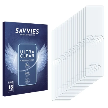 Parte frontale di una confezione del prodotto con il logo del marchio Savvies. Accanto si trova la protezione per lo schermo c