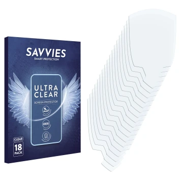 Parte frontale di una confezione del prodotto con il logo del marchio Savvies. Accanto si trova la protezione per lo schermo c