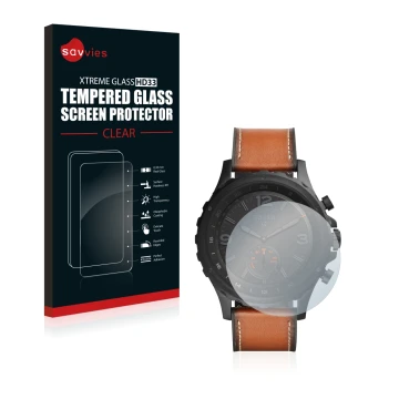 Parte frontale di una confezione del prodotto con il logo del marchio Savvies. Accanto è raffigurato il dispositivo Fossil Q N