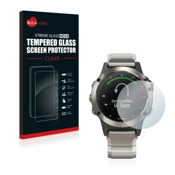 Parte frontale di una confezione del prodotto con il logo del marchio Savvies. Accanto è raffigurato il dispositivo Garmin qua