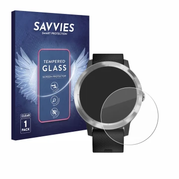 Parte frontale di una confezione del prodotto con il logo del marchio Savvies. Accanto è raffigurato il dispositivo Garmin viv
