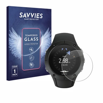 Parte frontale di una confezione del prodotto con il logo del marchio Savvies. Accanto è raffigurato il dispositivo Suunto Spa