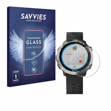 Parte frontale di una confezione del prodotto con il logo del marchio Savvies. Accanto è raffigurato il dispositivo Garmin For