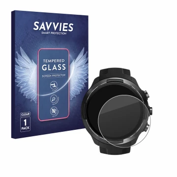 Parte frontale di una confezione del prodotto con il logo del marchio Savvies. Accanto è raffigurato il dispositivo Suunto 9 c