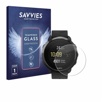 Parte frontale di una confezione del prodotto con il logo del marchio Savvies. Accanto è raffigurato il dispositivo Suunto 3 F