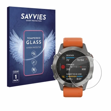 Parte frontale di una confezione del prodotto con il logo del marchio Savvies. Accanto è raffigurato il dispositivo Garmin Fen