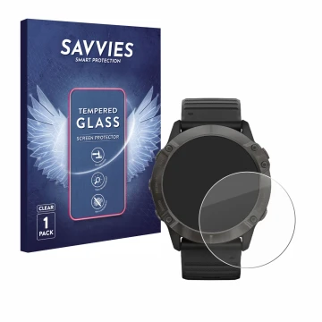 Parte frontale di una confezione del prodotto con il logo del marchio Savvies. Accanto è raffigurato il dispositivo Garmin Fen