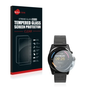 Parte frontale di una confezione del prodotto con il logo del marchio Savvies. Accanto è raffigurato il dispositivo Montblanc 