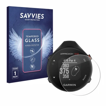 Parte frontale di una confezione del prodotto con il logo del marchio Savvies. Accanto è raffigurato il dispositivo Garmin App