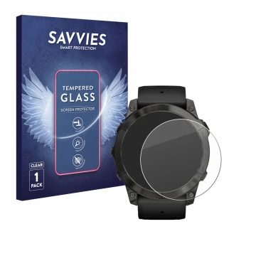 Parte frontale di una confezione del prodotto con il logo del marchio Savvies. Accanto è raffigurato il dispositivo Garmin Epi
