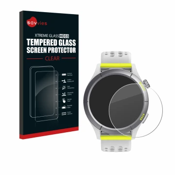 Parte frontale di una confezione del prodotto con il logo del marchio Savvies. Accanto è raffigurato il dispositivo Huami Amaz