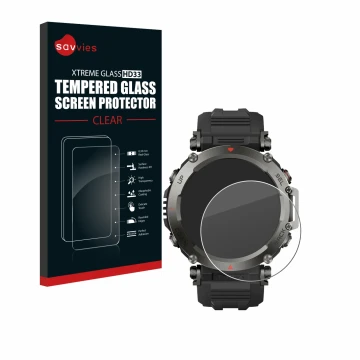 Parte frontale di una confezione del prodotto con il logo del marchio Savvies. Accanto è raffigurato il dispositivo Huami Amaz