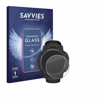 Parte frontale di una confezione del prodotto con il logo del marchio Savvies. Accanto è raffigurato il dispositivo Garmin Ins