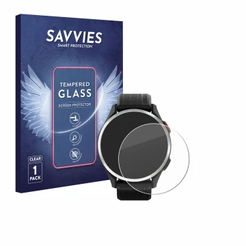 Parte frontale di una confezione del prodotto con il logo del marchio Savvies. Accanto è raffigurato il dispositivo Garmin App