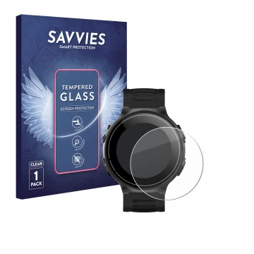 Parte frontale di una confezione del prodotto con il logo del marchio Savvies. Accanto è raffigurato il dispositivo Kiprun GPS