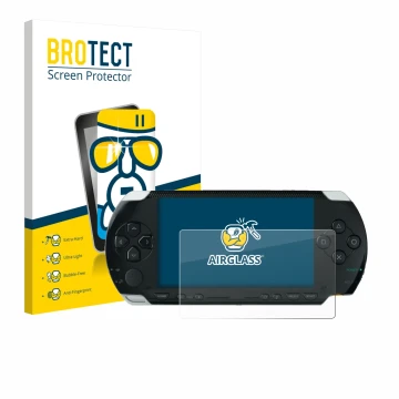 Parte frontale di una confezione del prodotto con il logo del marchio BROTECT. Accanto è raffigurato il dispositivo Sony PSP 1