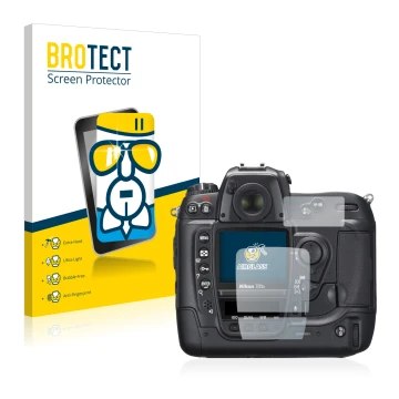 Parte frontale di una confezione del prodotto con il logo del marchio BROTECT. Accanto è raffigurato il dispositivo Nikon D2X 