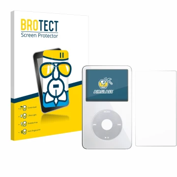 Parte frontale di una confezione del prodotto con il logo del marchio BROTECT. Accanto è raffigurato il dispositivo Apple iPod