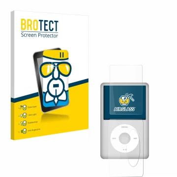 Parte frontale di una confezione del prodotto con il logo del marchio BROTECT. Accanto è raffigurato il dispositivo Apple iPod