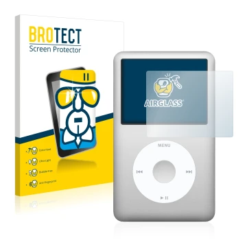 Parte frontale di una confezione del prodotto con il logo del marchio BROTECT. Accanto è raffigurato il dispositivo Apple iPod