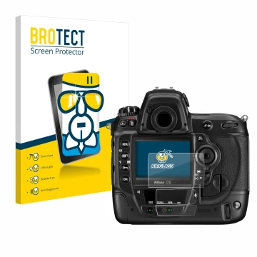 Parte frontale di una confezione del prodotto con il logo del marchio BROTECT. Accanto è raffigurato il dispositivo Nikon D3 c