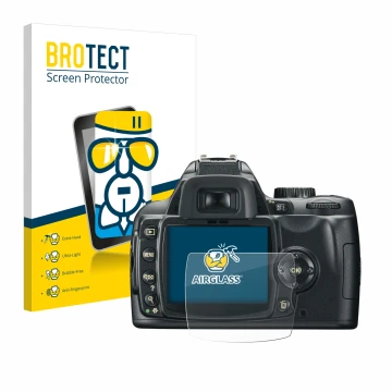 Parte frontale di una confezione del prodotto con il logo del marchio BROTECT. Accanto è raffigurato il dispositivo Nikon D60 