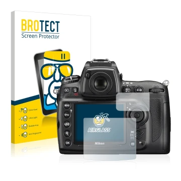 Parte frontale di una confezione del prodotto con il logo del marchio BROTECT. Accanto è raffigurato il dispositivo Nikon D700