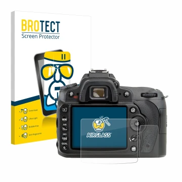 Parte frontale di una confezione del prodotto con il logo del marchio BROTECT. Accanto è raffigurato il dispositivo Nikon D90 