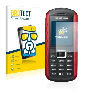 Parte frontale di una confezione del prodotto con il logo del marchio BROTECT. Accanto è raffigurato il dispositivo Samsung B2